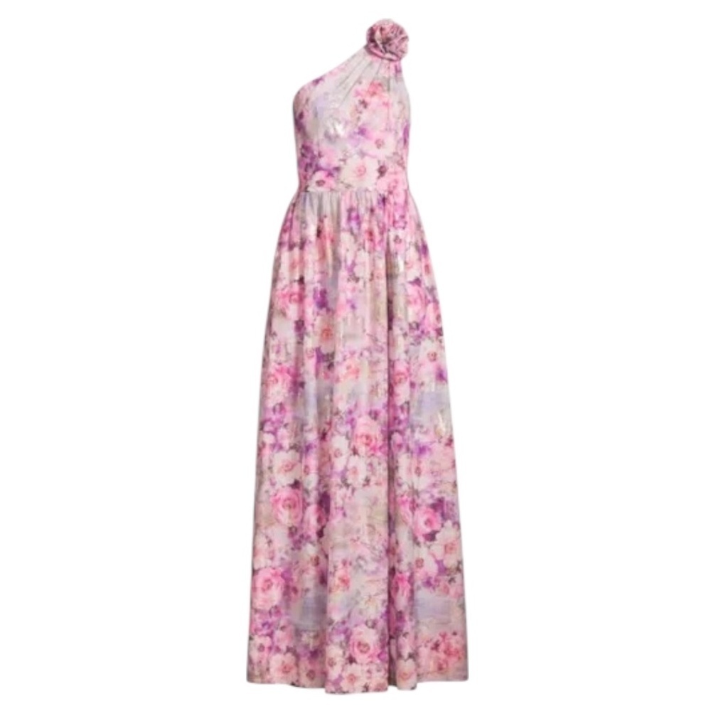 Aidan Mattox Floral Jacquard One Shoulder Sleeveless Flower Shoulder A-Line Gown